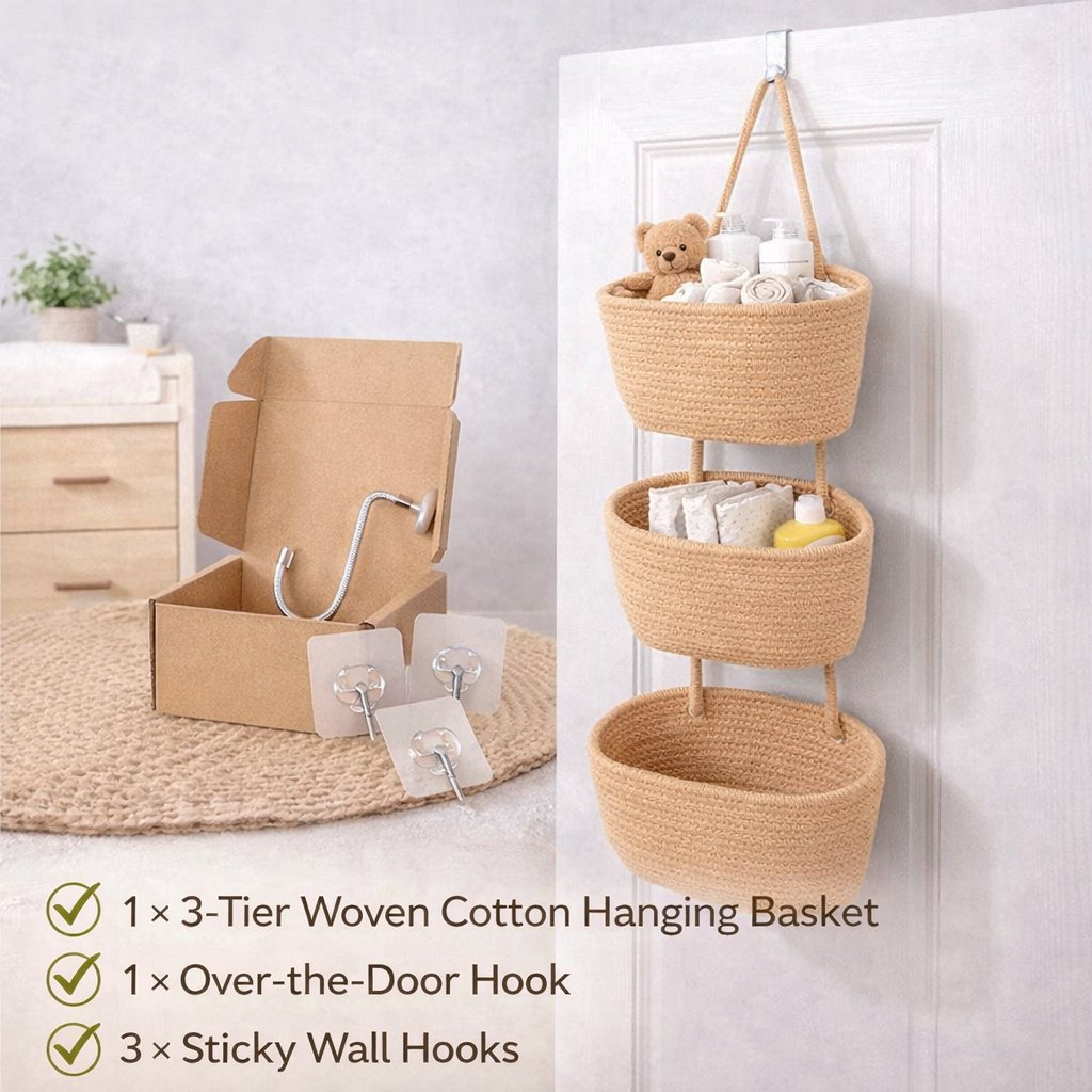 🔥HOT SALE🔥🧺Woven cotton 3-Tier Over the Door Basket, Wall-Mounted Jute Storage Organizer
