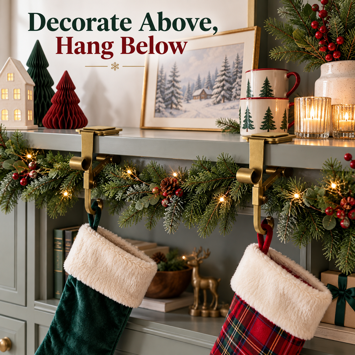 🎄 Christmas Shelf Stocking Hanger – Gold Shelf-Edge Hook for Garland & Holiday Decorations