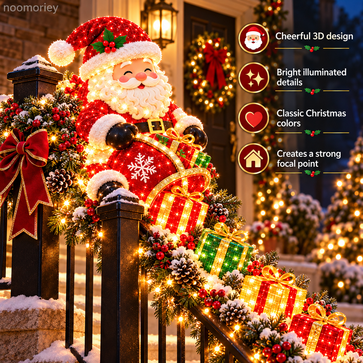 🎅🎄 Illuminated Santa Staircase Railing Christmas Display with Glowing Gift Lights ✨