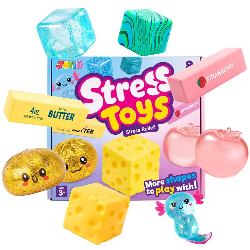 🎁🌈8-Piece Stress Relief Fidget Toy Bundle – Assorted Glitter Squishies & Sensory Toys for Kids, Gifts, Party Favors & Desk Fun