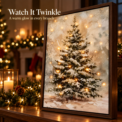 Light-Up Snowy Christmas Tree Wall Art – Framed Holiday Decor with Warm Twinkling Lights