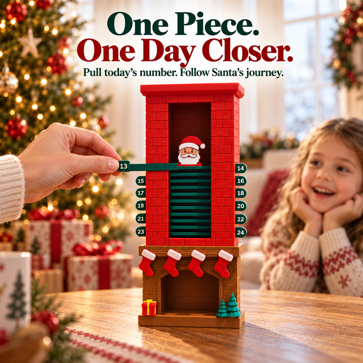 Removing one numbered bar while a child watches Santa in the chimney