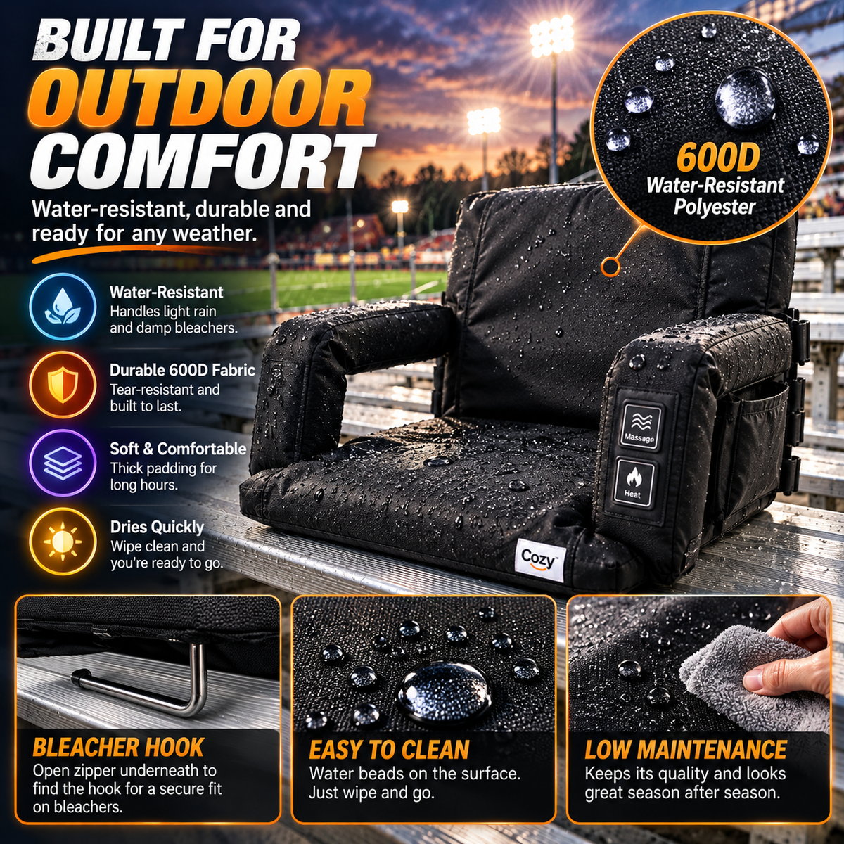 🔥 Heated & Massaging Bleacher Seat – 3 Heat Levels, 6 Reclining Positions
