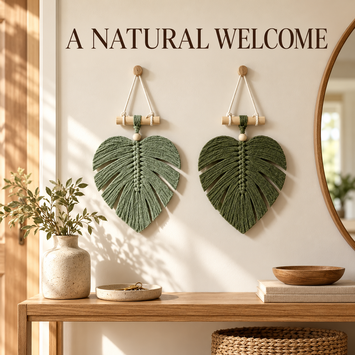 🌿🏡Handwoven Monstera Leaf Wall Hanging – Boho Macramé Decor with Wooden Bead & Dowel