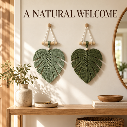 🌿🏡Handwoven Monstera Leaf Wall Hanging – Boho Macramé Decor with Wooden Bead & Dowel