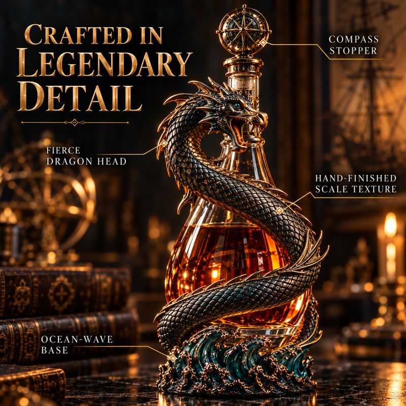 Leviathan Coil Dragon Decanter™ — Whiskey Decanter with Compass Stopper & Sculpted Dragon Design(No liquid included）