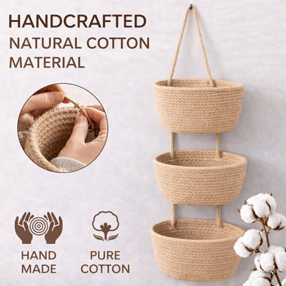 🔥HOT SALE🔥🧺Woven cotton 3-Tier Over the Door Basket, Wall-Mounted Jute Storage Organizer
