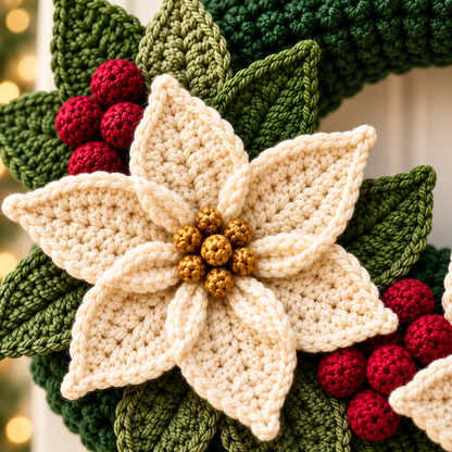 Crochet Christmas Wreath Pattern PDF – Poinsettia & Berry Wreath
