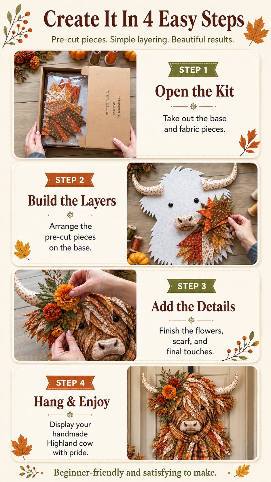 🐮💐🌸 Birth Flower Highland Cow 3D Layered Fabric Art DIY Kit (Beginner-friendly) 🔥 Buy 2 Free 1