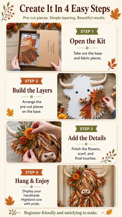🐮💐🌸 Birth Flower Highland Cow 3D Layered Fabric Art DIY Kit (Beginner-friendly) 🔥 Buy 2 Free 1