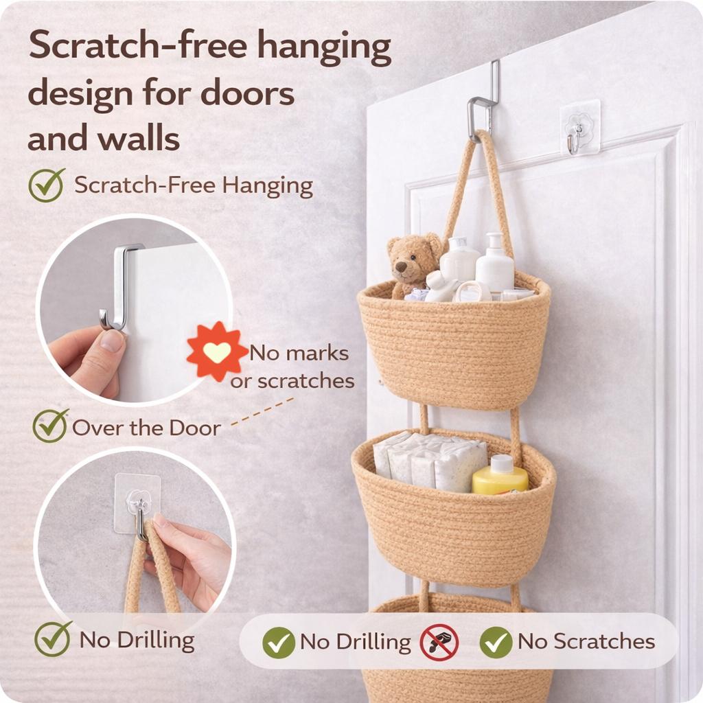 🔥HOT SALE🔥🧺Woven cotton 3-Tier Over the Door Basket, Wall-Mounted Jute Storage Organizer