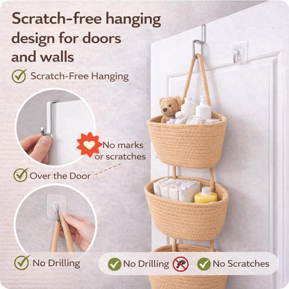 🔥HOT SALE🔥🧺Woven cotton 3-Tier Over the Door Basket, Wall-Mounted Jute Storage Organizer