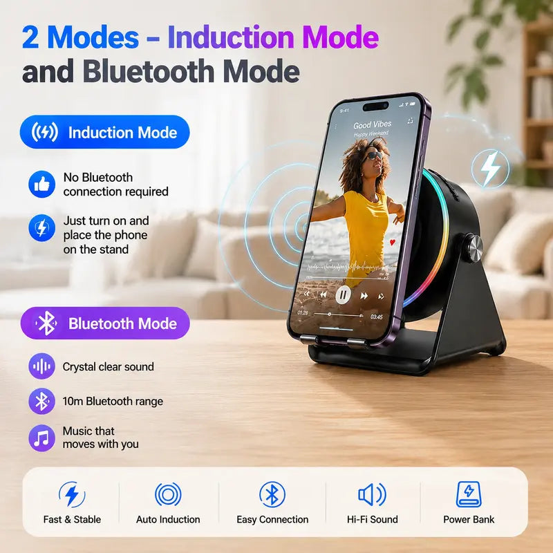 5-in-1 Wireless Induction Bluetooth Speaker – 360° Rotating LED Light Stand, 10m Range