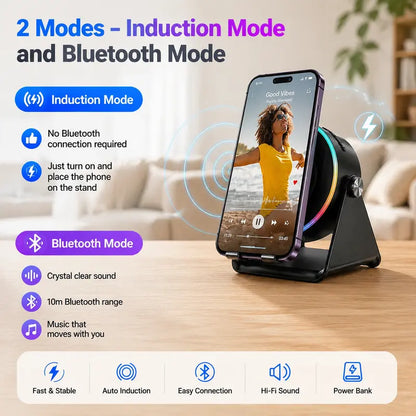5-in-1 Wireless Induction Bluetooth Speaker – 360° Rotating LED Light Stand, 10m Range