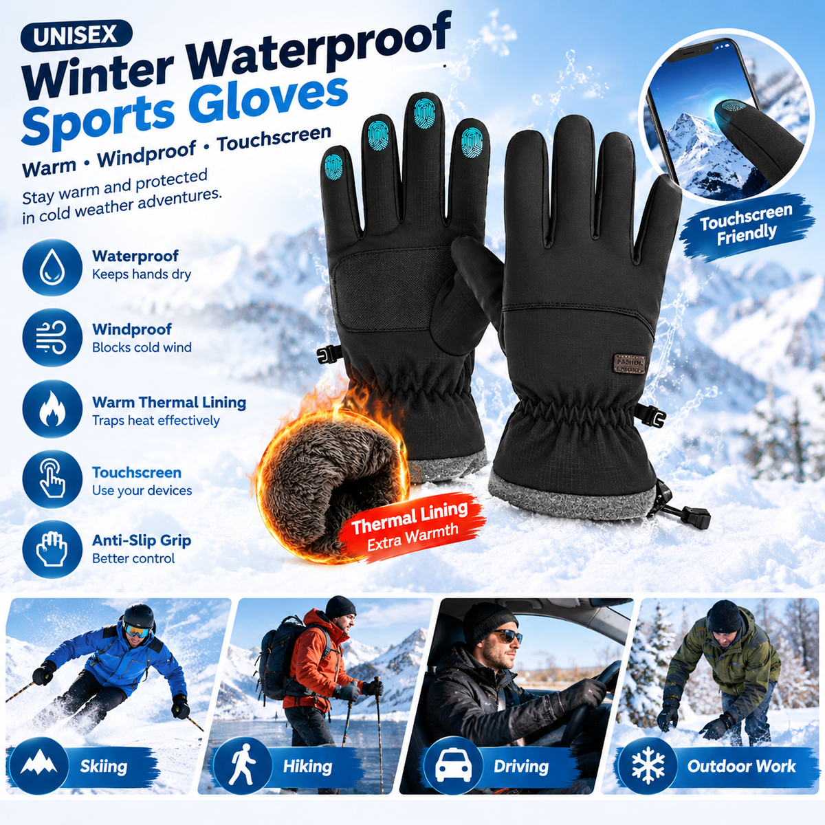 🧤❄️ Unisex Thermal Winter Gloves – Windproof, Water-Resistant & Touchscreen Compatible ⛷️