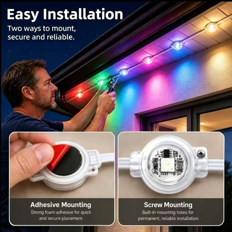 Permanent Outdoor Lights – App-Controlled Color-Changing Eave Lights with Music Sync, IP67 Waterproof Design for Christmas & Halloween