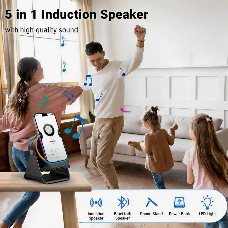 5-in-1 Wireless Bluetooth Speaker with 360° Rotating LED Charging Stand