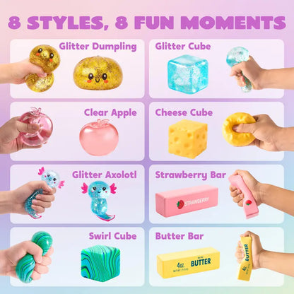 🎁🌈8-Piece Stress Relief Fidget Toy Bundle – Assorted Glitter Squishies & Sensory Toys for Kids, Gifts, Party Favors & Desk Fun