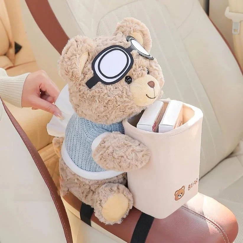 Plush bear car organizer and tissue holder
