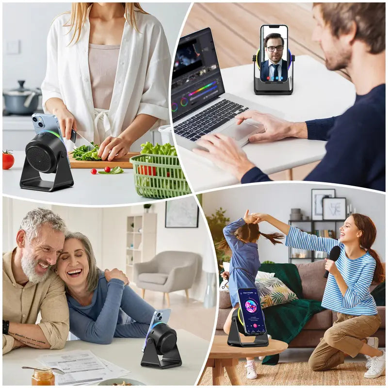 5-in-1 Wireless Induction Bluetooth Speaker – 360° Rotating LED Light Stand, 10m Range