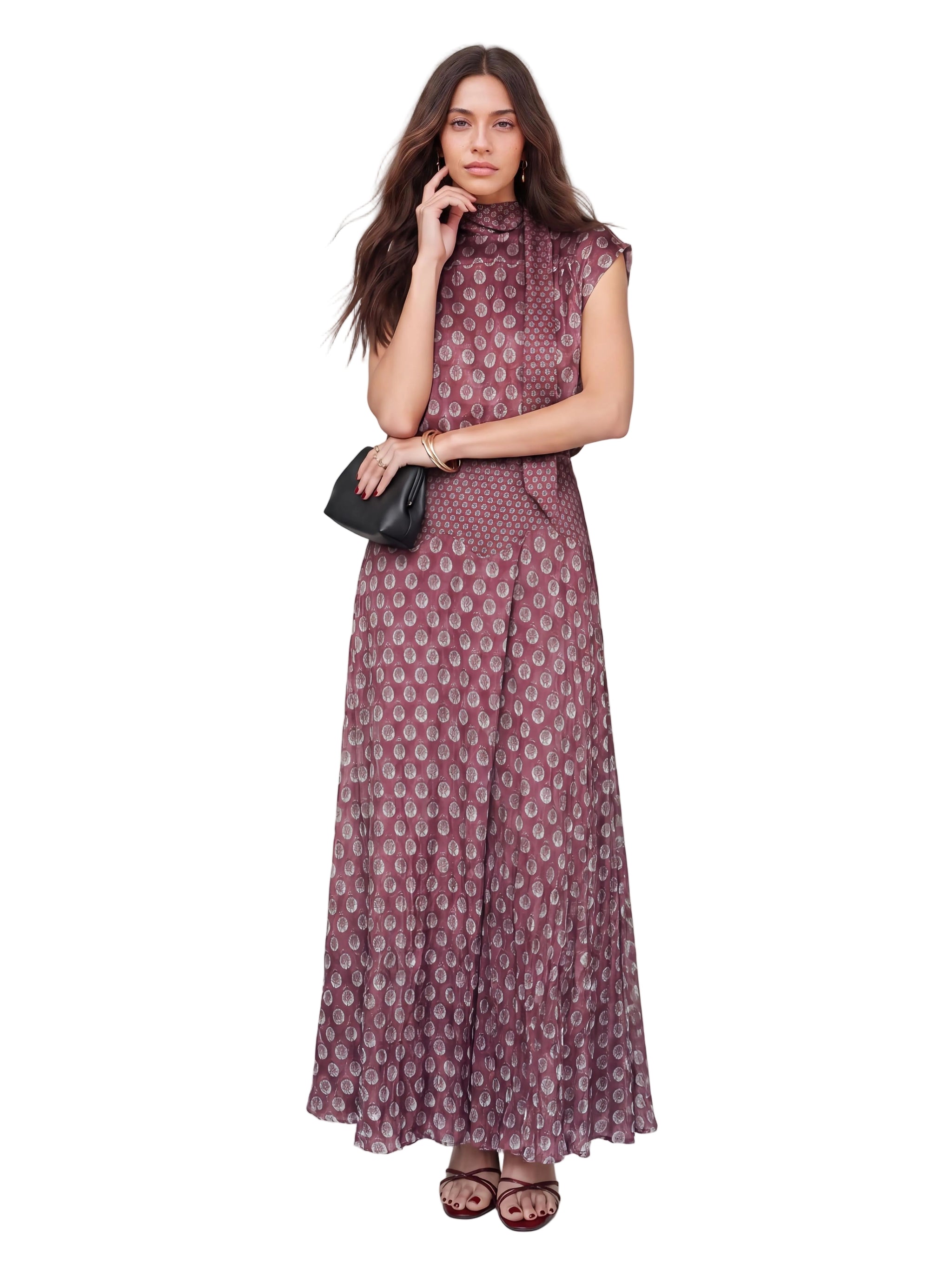 Elegant Retro Print Satin Two-Piece Set – Sleeveless Scarf Neck Halter Top & Flowing Maxi Skirt