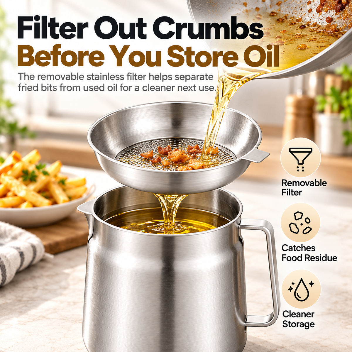 🔥🔥3-in-1 Stainless Steel Deep Fryer Pot with Oil Filter & Fry Basket