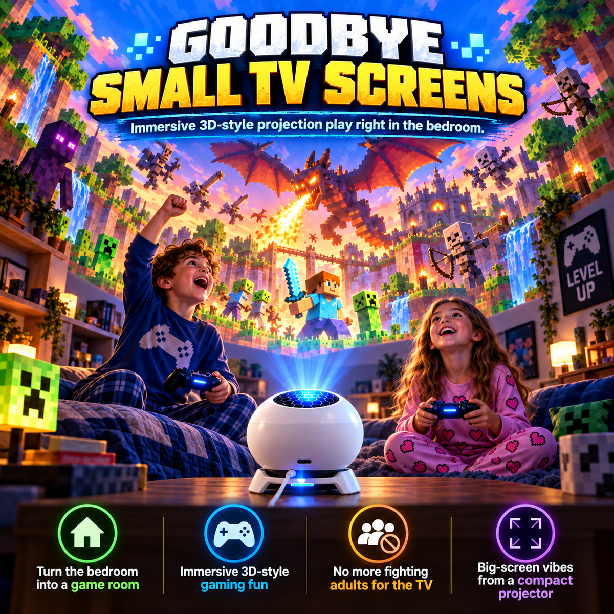 🎮 Block World Adventure Projector – Turn Any Bedroom Into an Immersive Pixel Game Zone