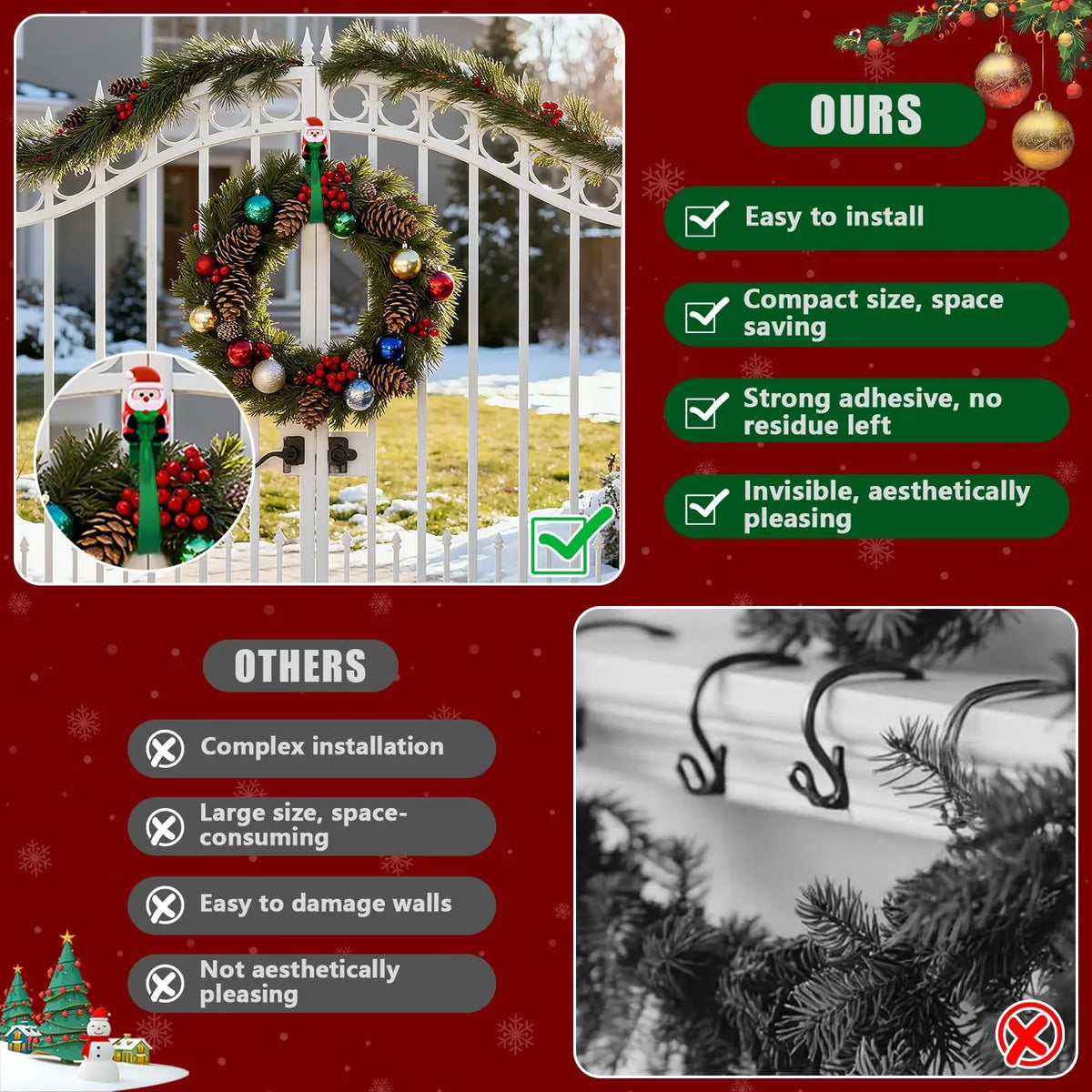 ⏳ Last Day 49% OFF – 🎄No-Drill Christmas Garland Hangers | 12 Santa Adhesive Hooks Holding Up To 5 lbs For Stockings, Wreaths & Holiday Decorations🎅 🎅