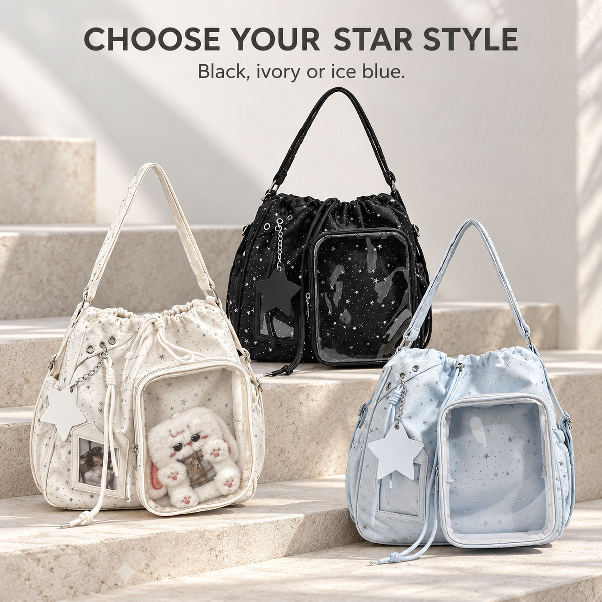 🎒🎒Star Print Ita Shoulder Bag – Clear Display Pocket, Drawstring Closure & Cute Star Charm