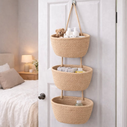 🔥HOT SALE🔥🧺Woven cotton 3-Tier Over the Door Basket, Wall-Mounted Jute Storage Organizer