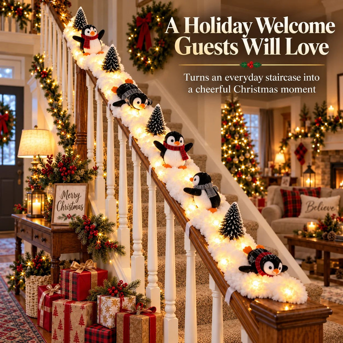 🔥 Hot Sale 40% OFF – Playful Penguin Snowy Stair Railing Decor 🐧❄️
