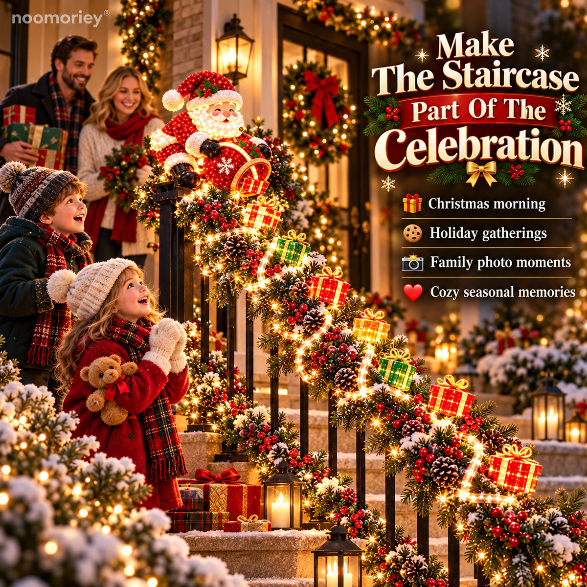 🎅🎄 Illuminated Santa Staircase Railing Christmas Display with Glowing Gift Lights ✨