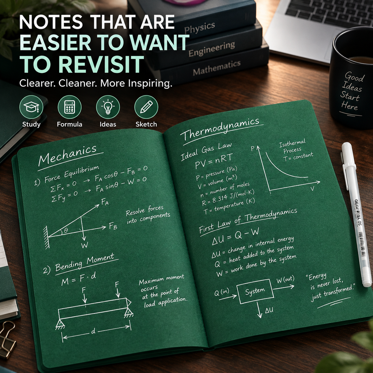💚 Deep Green Blank Notebook with White Gel Pen | Aesthetic Writing & Sketch Journal