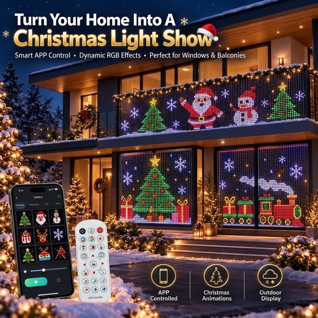 🔥LAST DAY 50% OFF✨🎄 Turn Your Balcony Into a Christmas Show – Animated LED Pixel Curtain Lights🎅