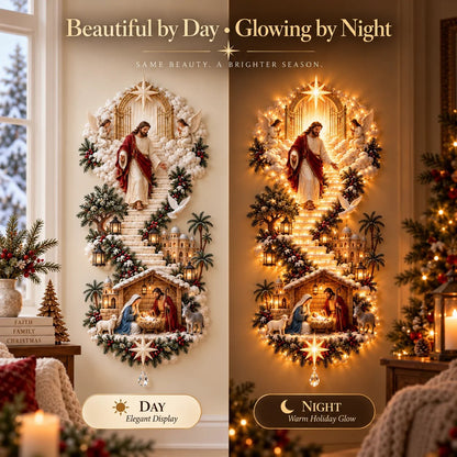 🔥✨ Jesus Light of Heaven Christmas Wall Hanging | Illuminated Nativity Stairway Decor ✝️