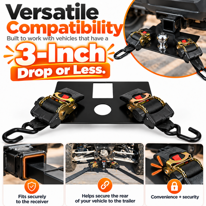 Heavy-Duty Hitch Tie-Down Plate – Dual 1300LB Retractable Ratchet Straps for ATV & UTV Hauling