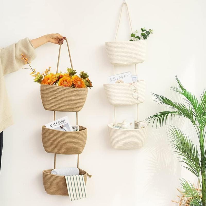 🔥HOT SALE🔥🧺Woven cotton 3-Tier Over the Door Basket, Wall-Mounted Jute Storage Organizer