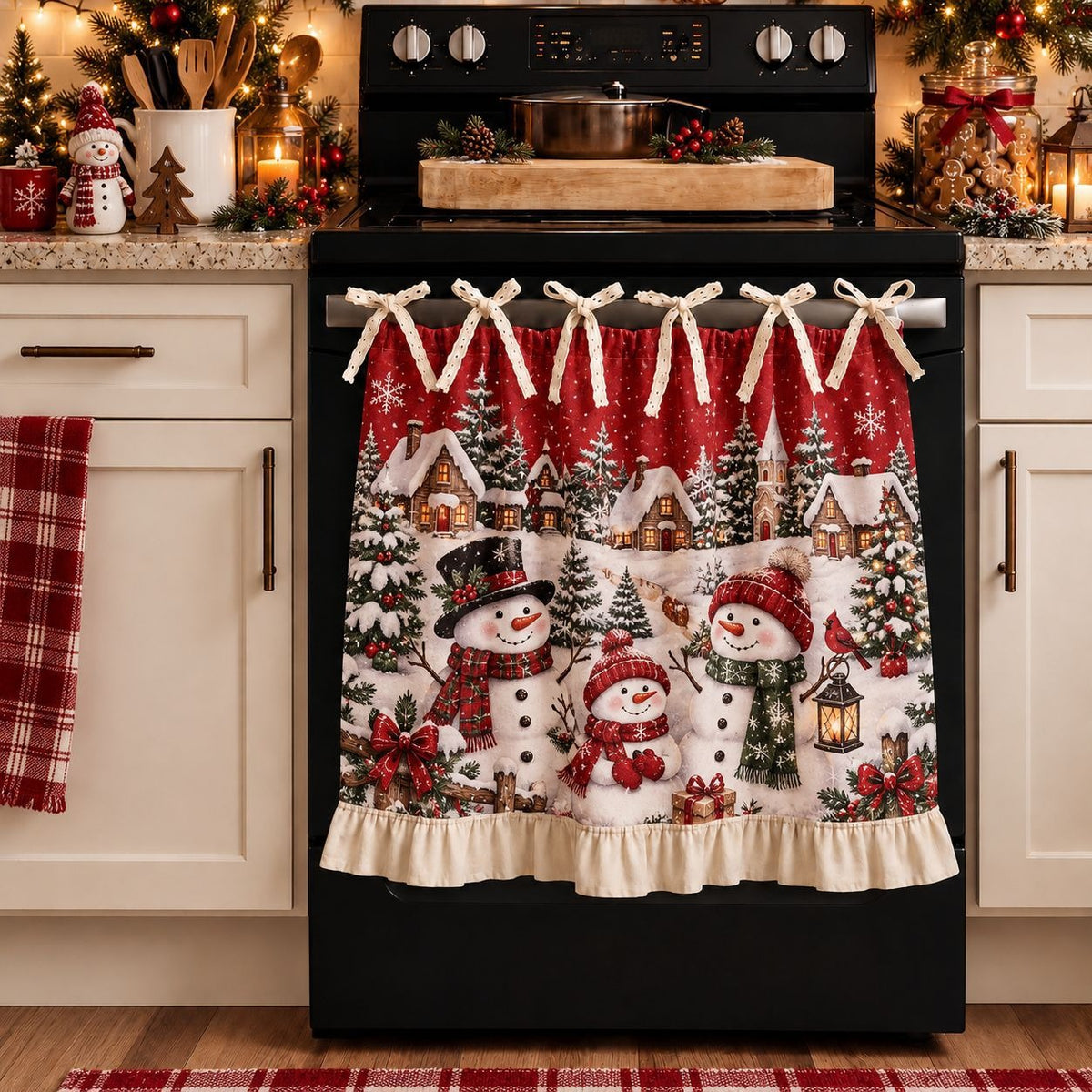 🎄🎅Vintage Santa Oven Door Towel – Christmas Kitchen Decor with Ruffled Ties