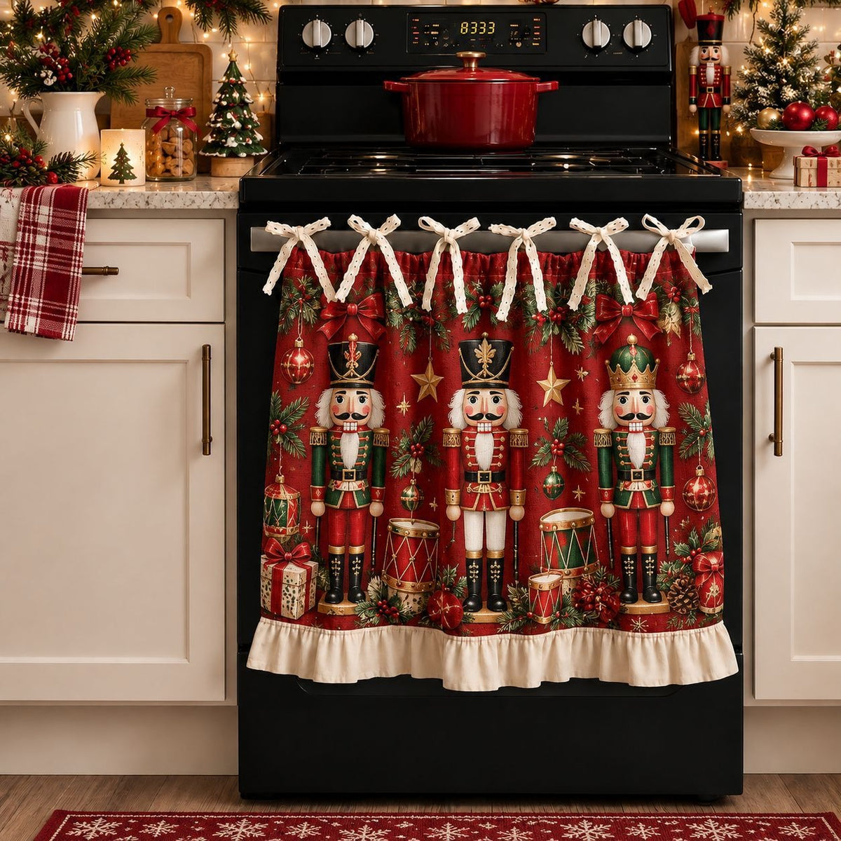🎄🎅Vintage Santa Oven Door Towel – Christmas Kitchen Decor with Ruffled Ties