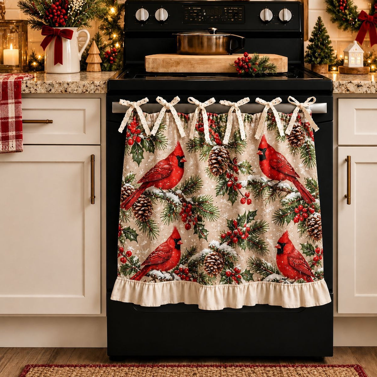🎄🎅Vintage Santa Oven Door Towel – Christmas Kitchen Decor with Ruffled Ties