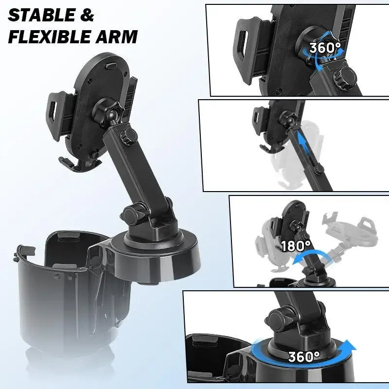 Car Cup Holder Phone Mount – Long Arm 360° Rotation & Adjustable Stand