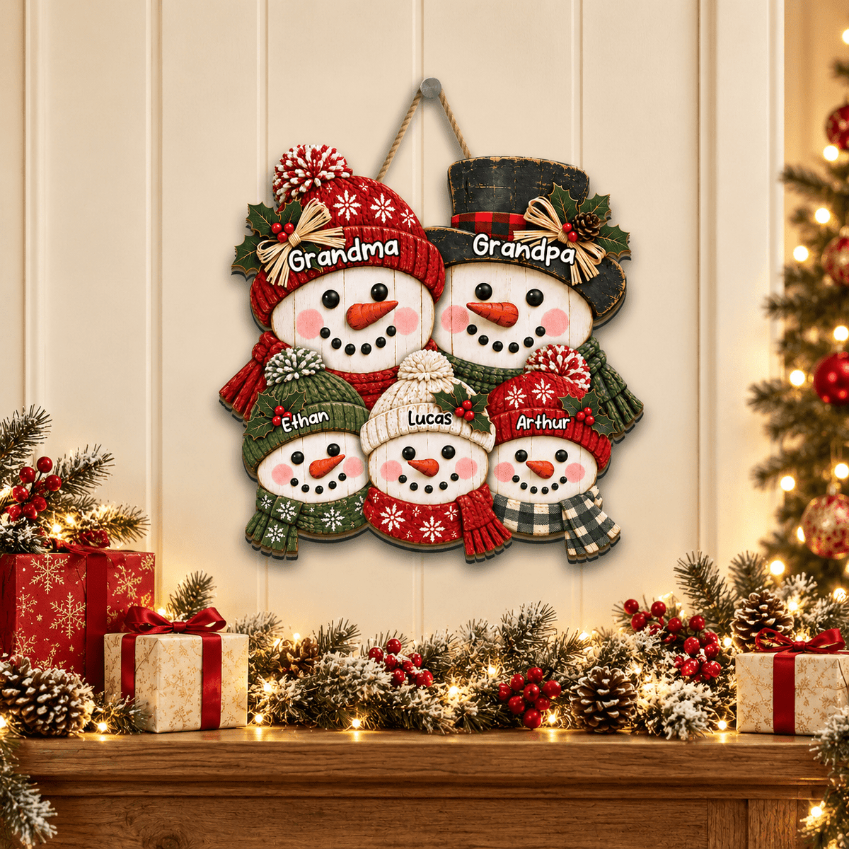 Personalized Grandpa & Grandma Snowman Wood Sign – Cute Christmas Porch & Door Decor