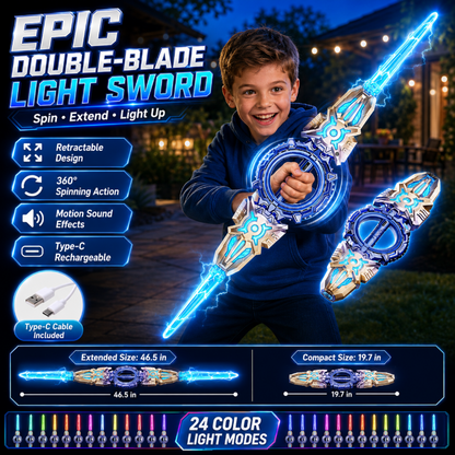 ⚔️✨ 360° Spinning Double-Blade LED Sword | Rechargeable Light-Up Toy 🔋