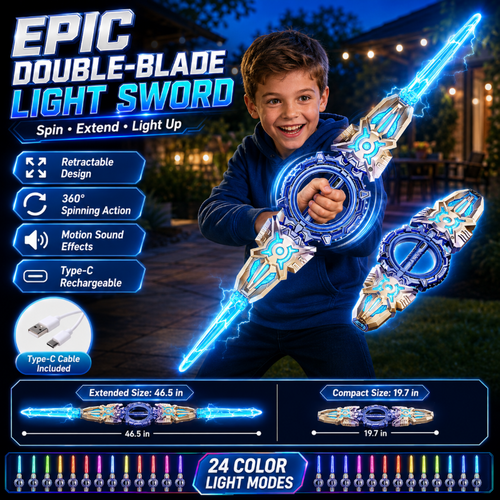 ⚔️✨ 360° Spinning Double-Blade LED Sword | Rechargeable Light-Up Toy 🔋