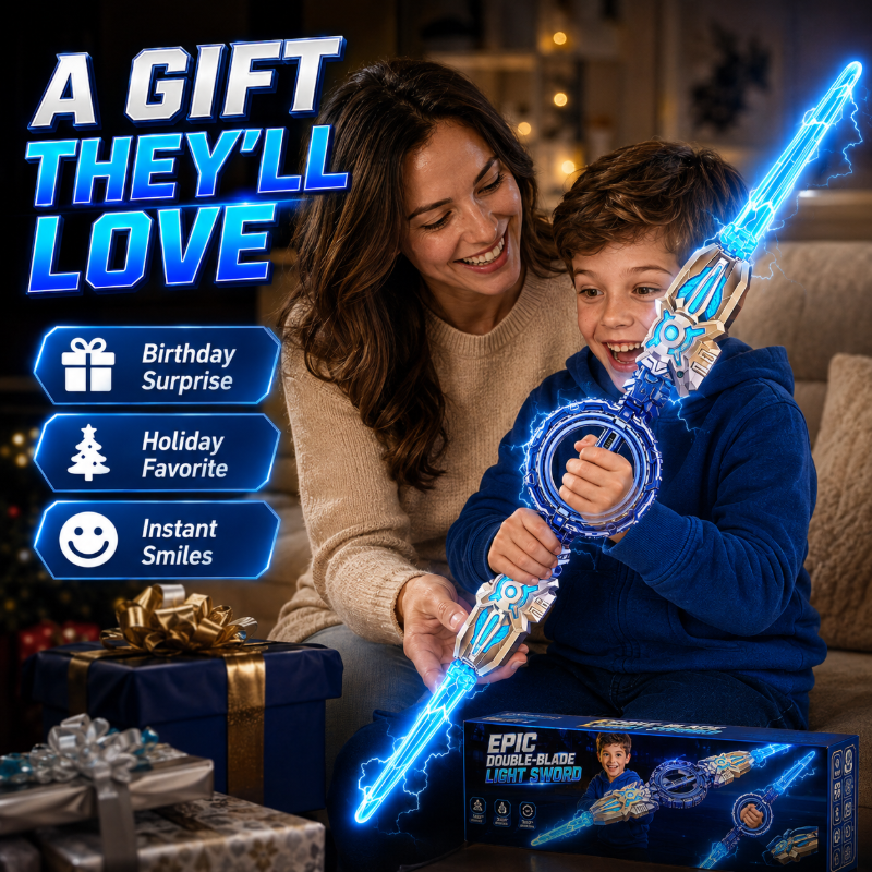 ⚔️✨ 360° Spinning Double-Blade LED Sword | Rechargeable Light-Up Toy 🔋