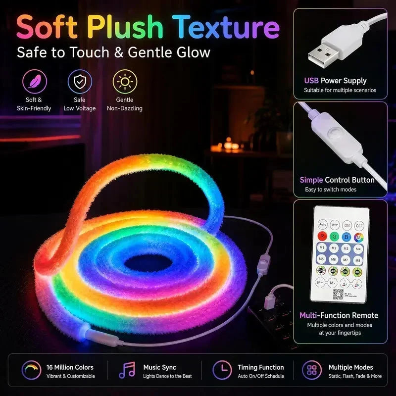 Faux Fur Neon Light Strip – 360° All-Round Glow, Add a Cosy Glow to Bedroom, Dorm & Party Spaces ✨