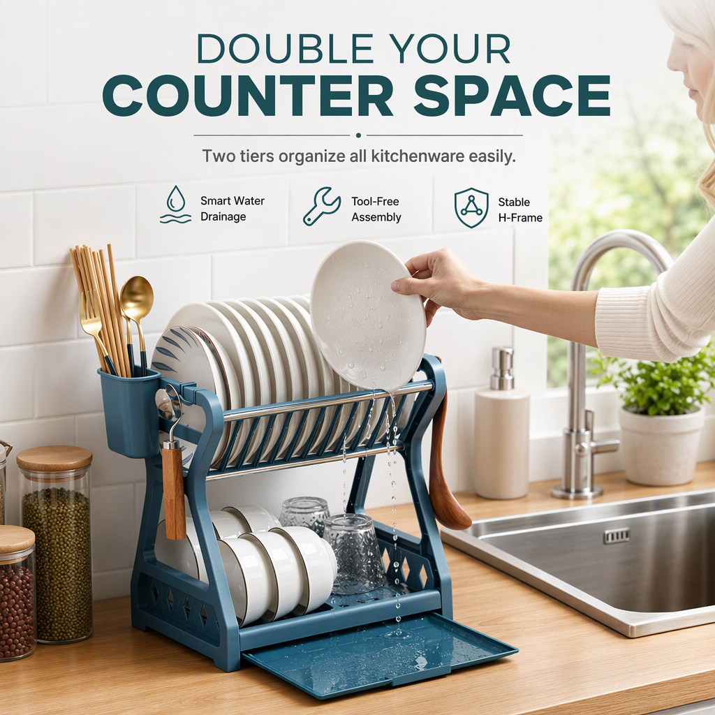 🍽️ Multi-Layer Steel Dish Drying Rack – Vertical Storage, Drip Tray, Tool-Free Install ✨
