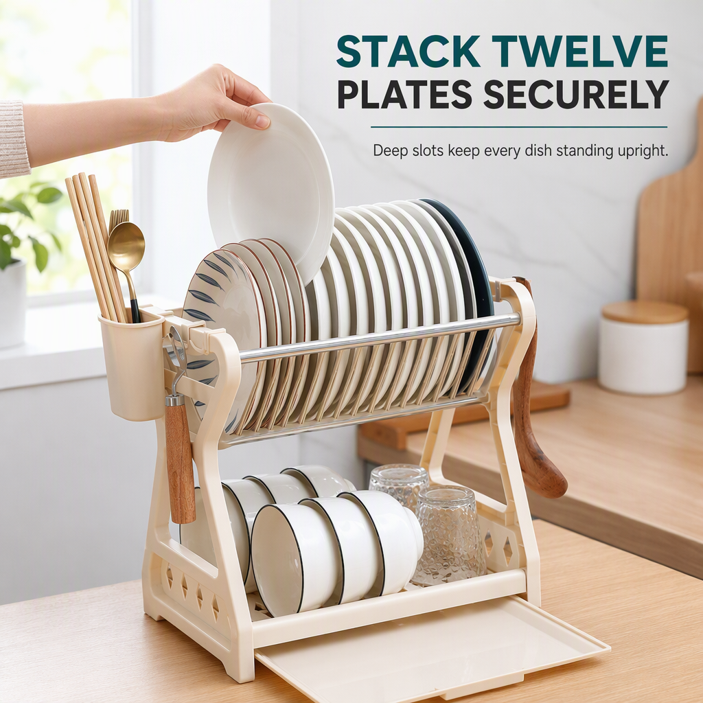 🍽️ Multi-Layer Steel Dish Drying Rack – Vertical Storage, Drip Tray, Tool-Free Install ✨