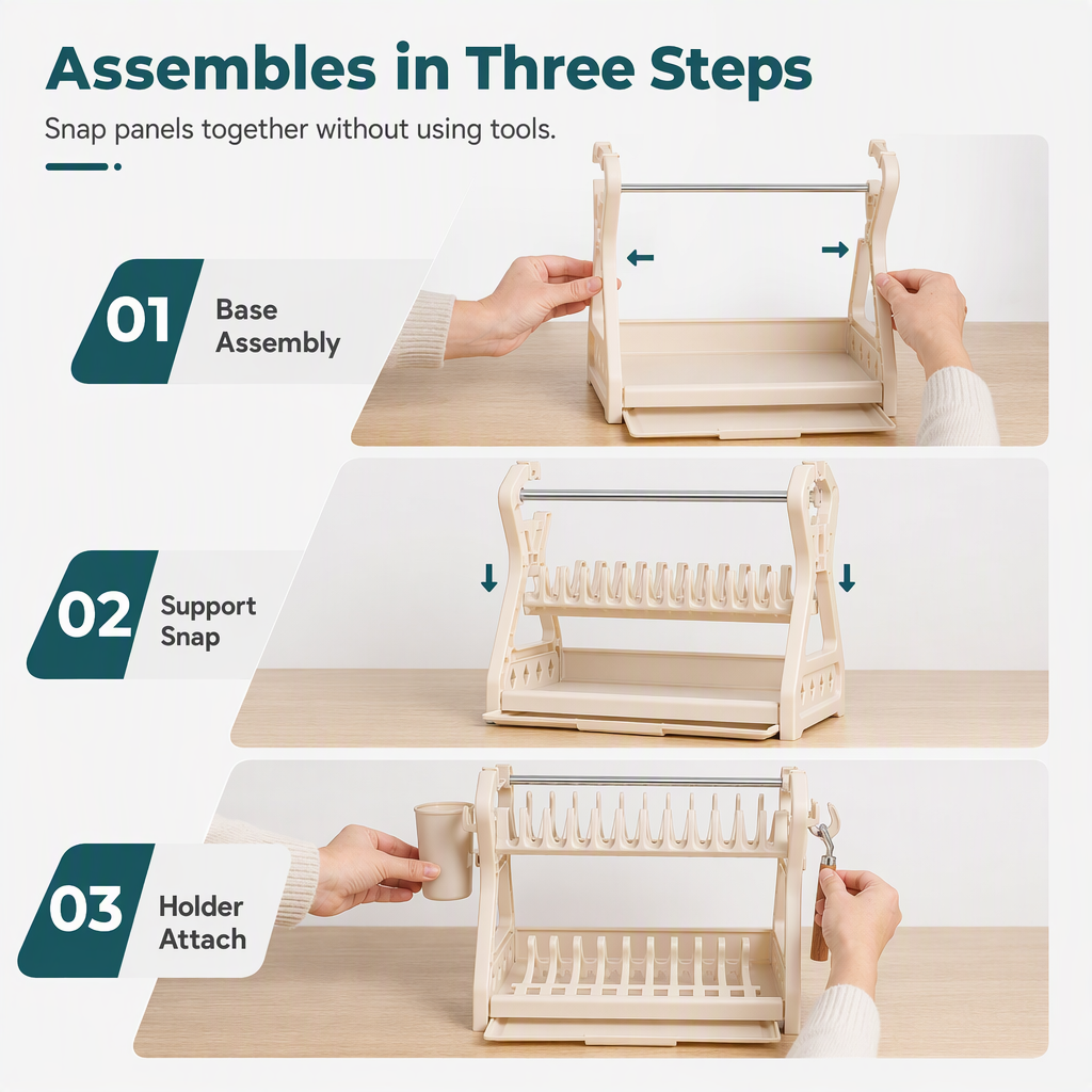🍽️ Multi-Layer Steel Dish Drying Rack – Vertical Storage, Drip Tray, Tool-Free Install ✨
