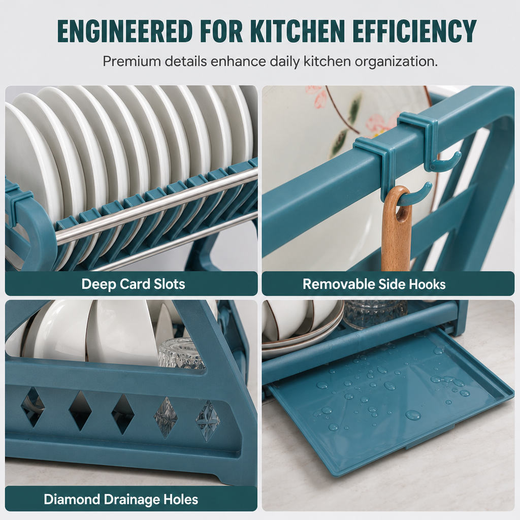 🍽️ Multi-Layer Steel Dish Drying Rack – Vertical Storage, Drip Tray, Tool-Free Install ✨
